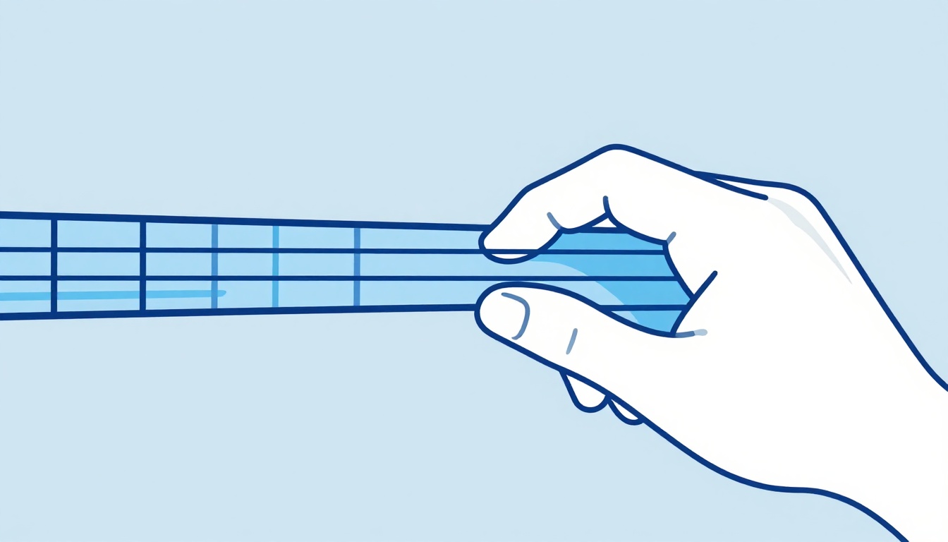 A close up of a fingertip pressed just behind a guitar fret to demonstrate correct hand position