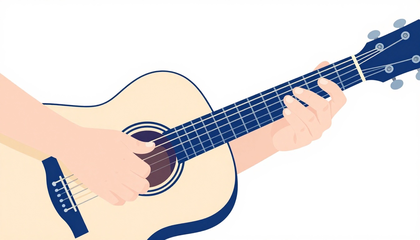 A hand fingering a chord shape high up an acoustic guitar neck near the middle frets