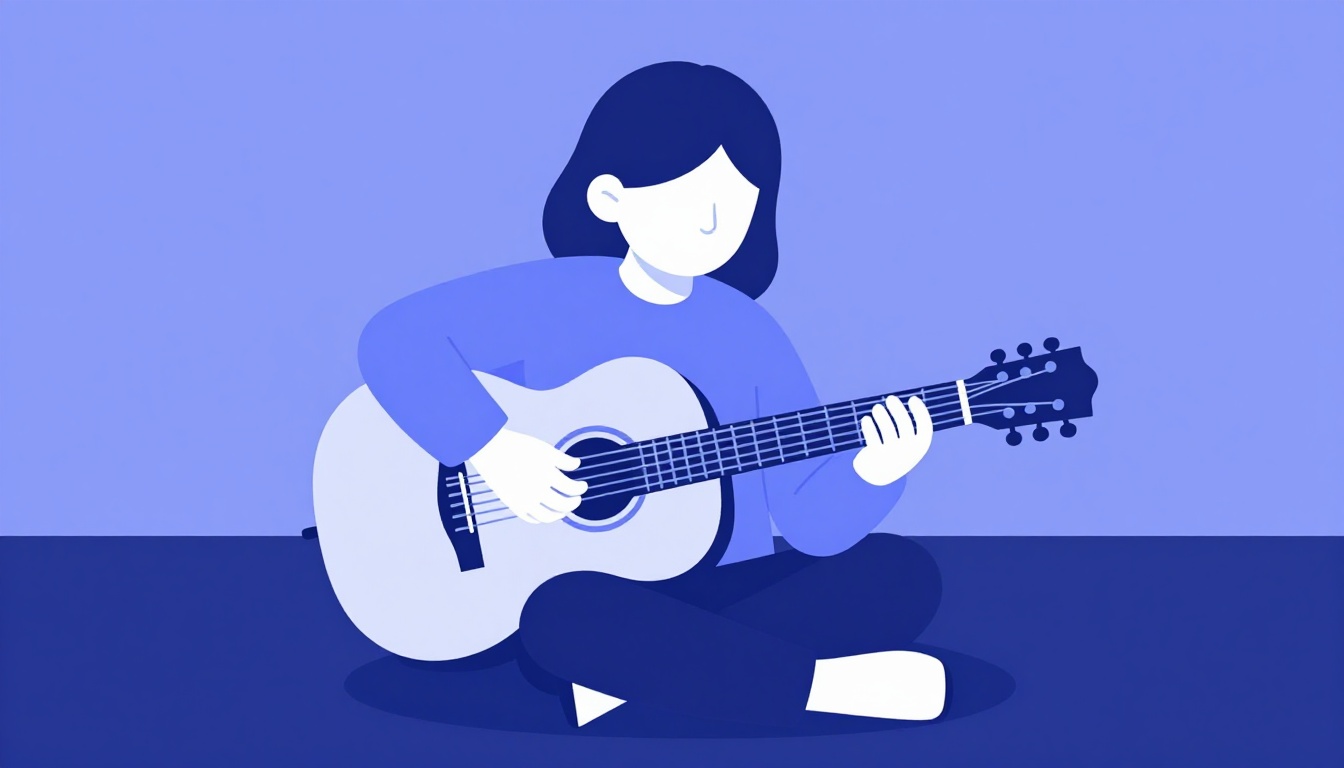A person playing an acoustic guitar in a dimly lit room, focused on a chord change