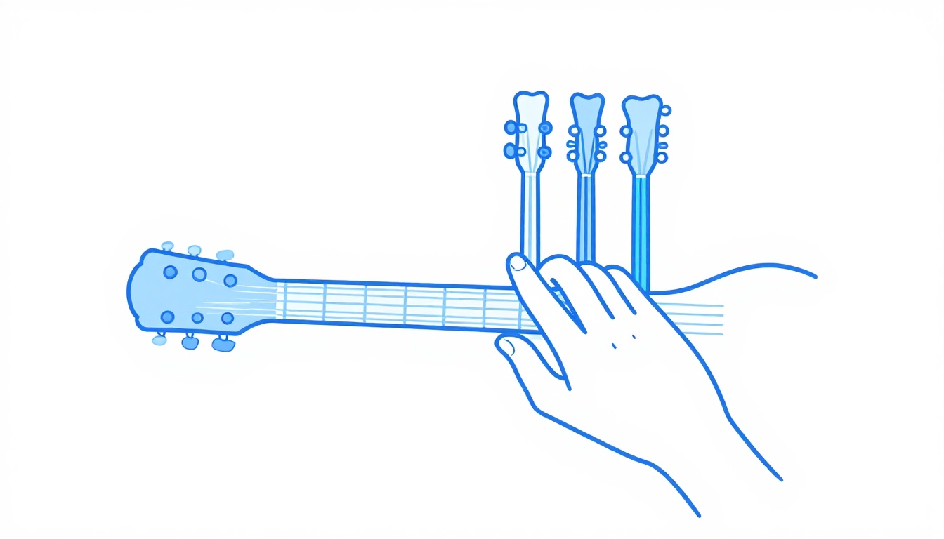 A hand switching from an F7 chord shape to another chord shape on a guitar neck during a practice session