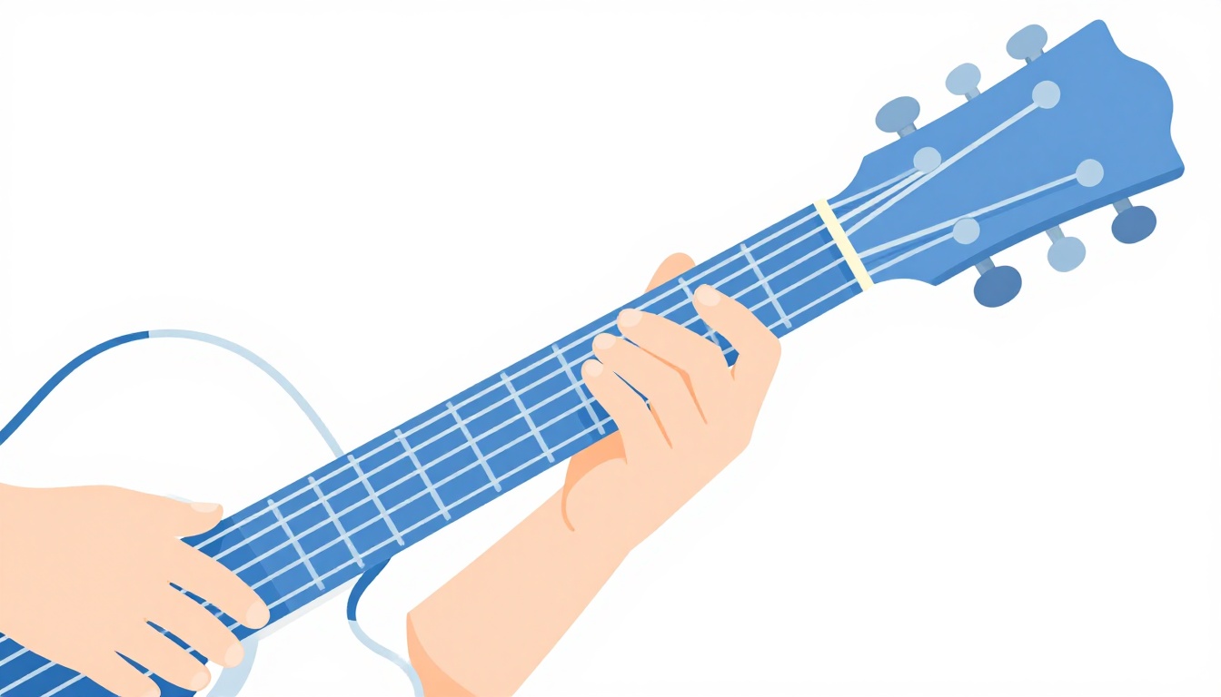 A close up of a left hand barring the first fret of an acoustic guitar neck with the index finger, other fingers pressing two strings further up the neck
