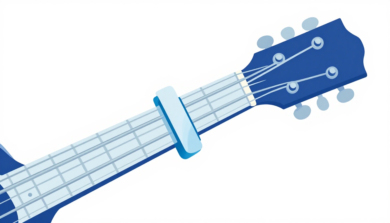 A close up of a metal capo clamped across the first fret of an acoustic guitar neck