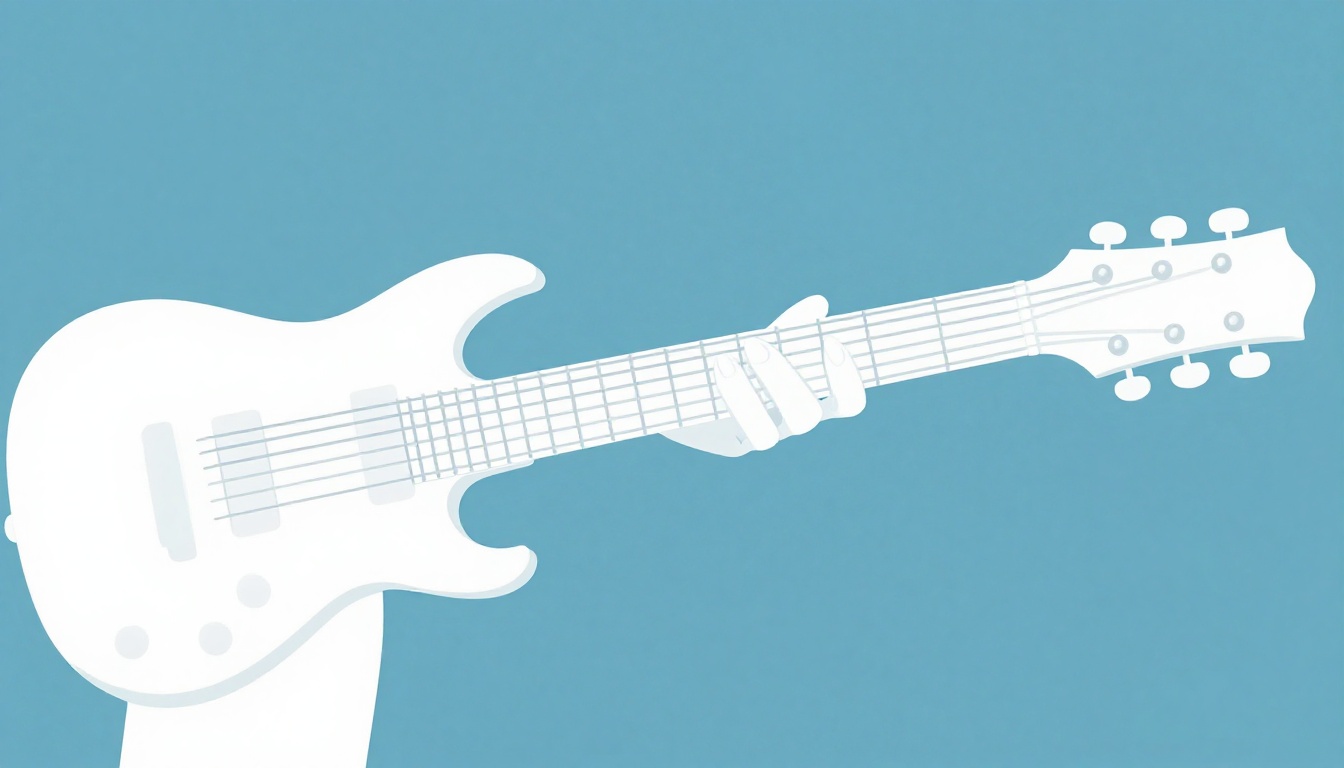 A close up of a left hand barring across a guitar neck higher up near the middle of the fretboard, three other fingers pressed on nearby frets