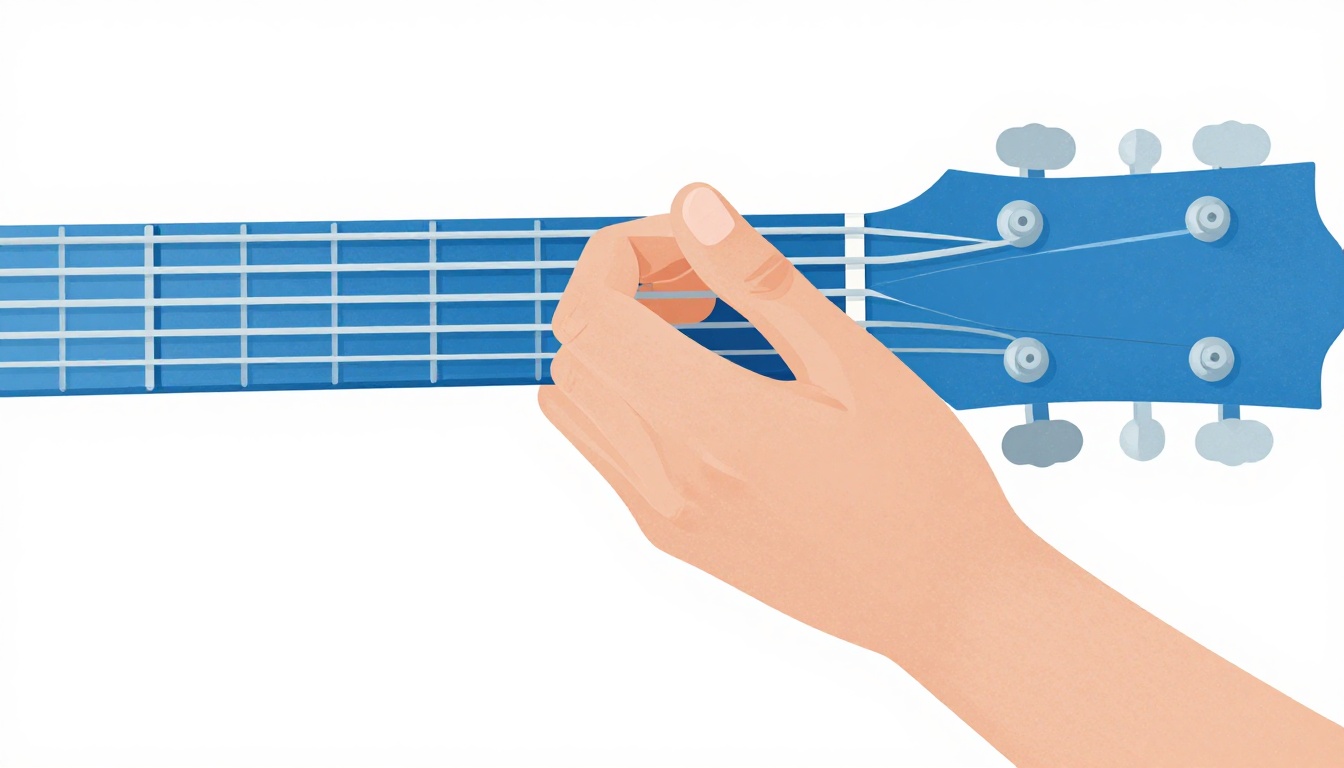 A side view close up of a left hand wrist and thumb positioned behind a guitar neck near the first fret, fingers curled over the fretboard