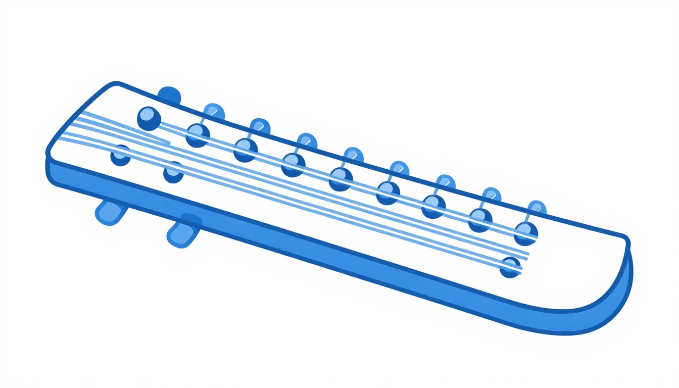 A close up of a guitar neck viewed from the side showing the gap between the strings and the frets