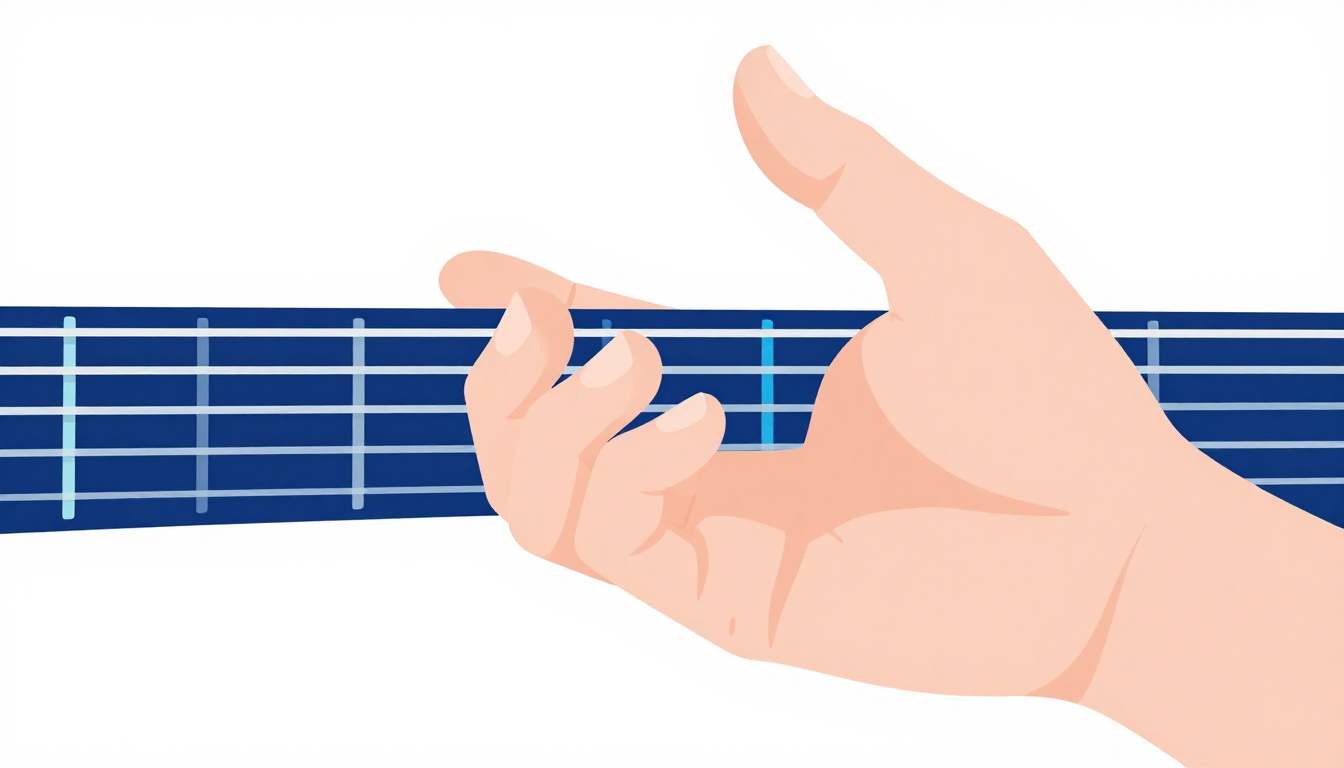 A close up of a left hand stretching between two different chord shapes on a guitar neck, fingers mid movement