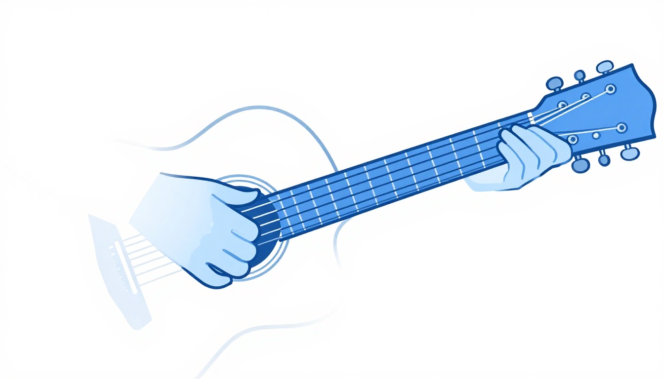 A close up of a hand fingerpicking guitar strings near the soundhole of an acoustic guitar