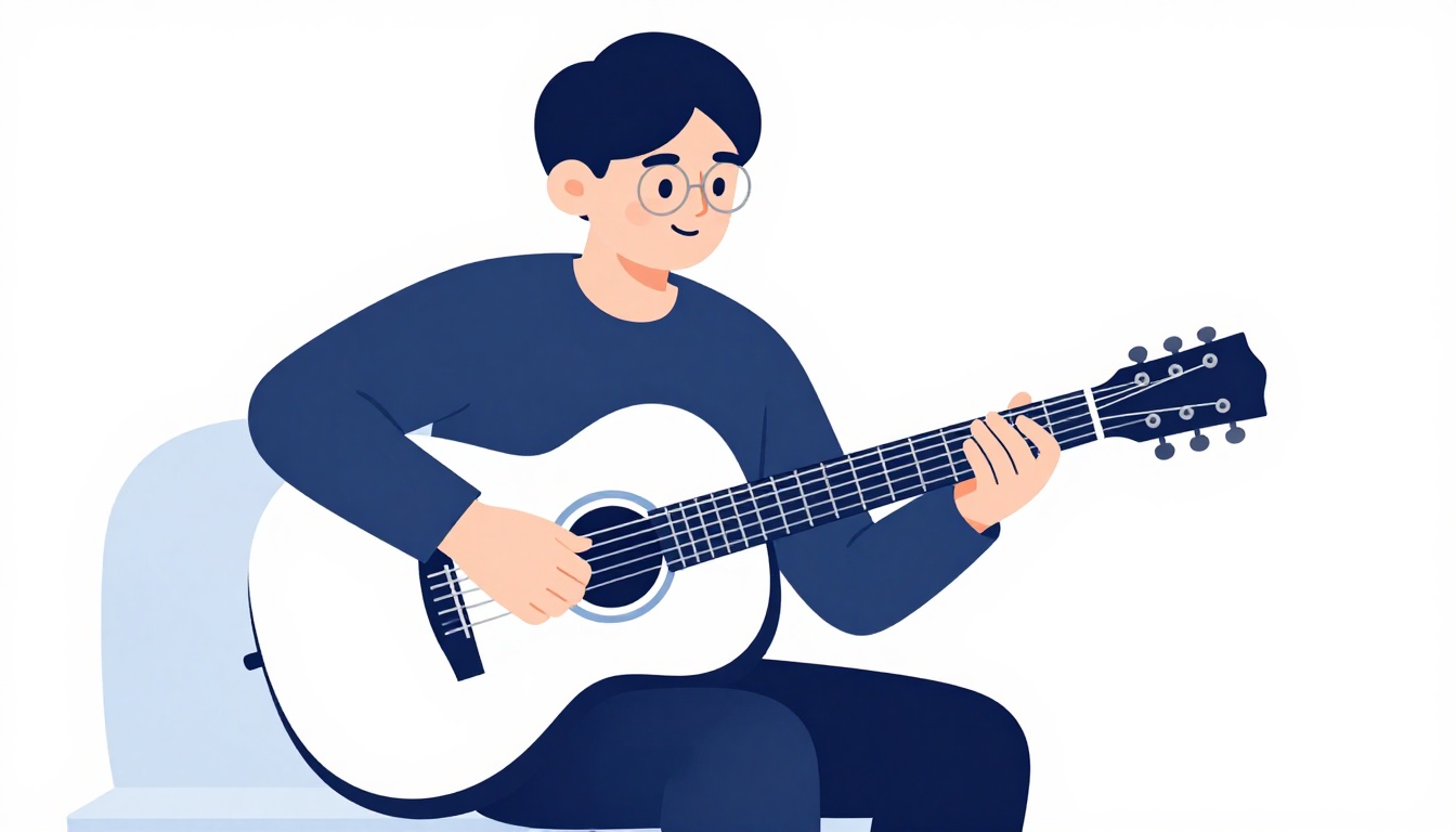 Two hands playing an acoustic guitar together in a cozy room, one strumming near the soundhole and one fretting a chord on the neck