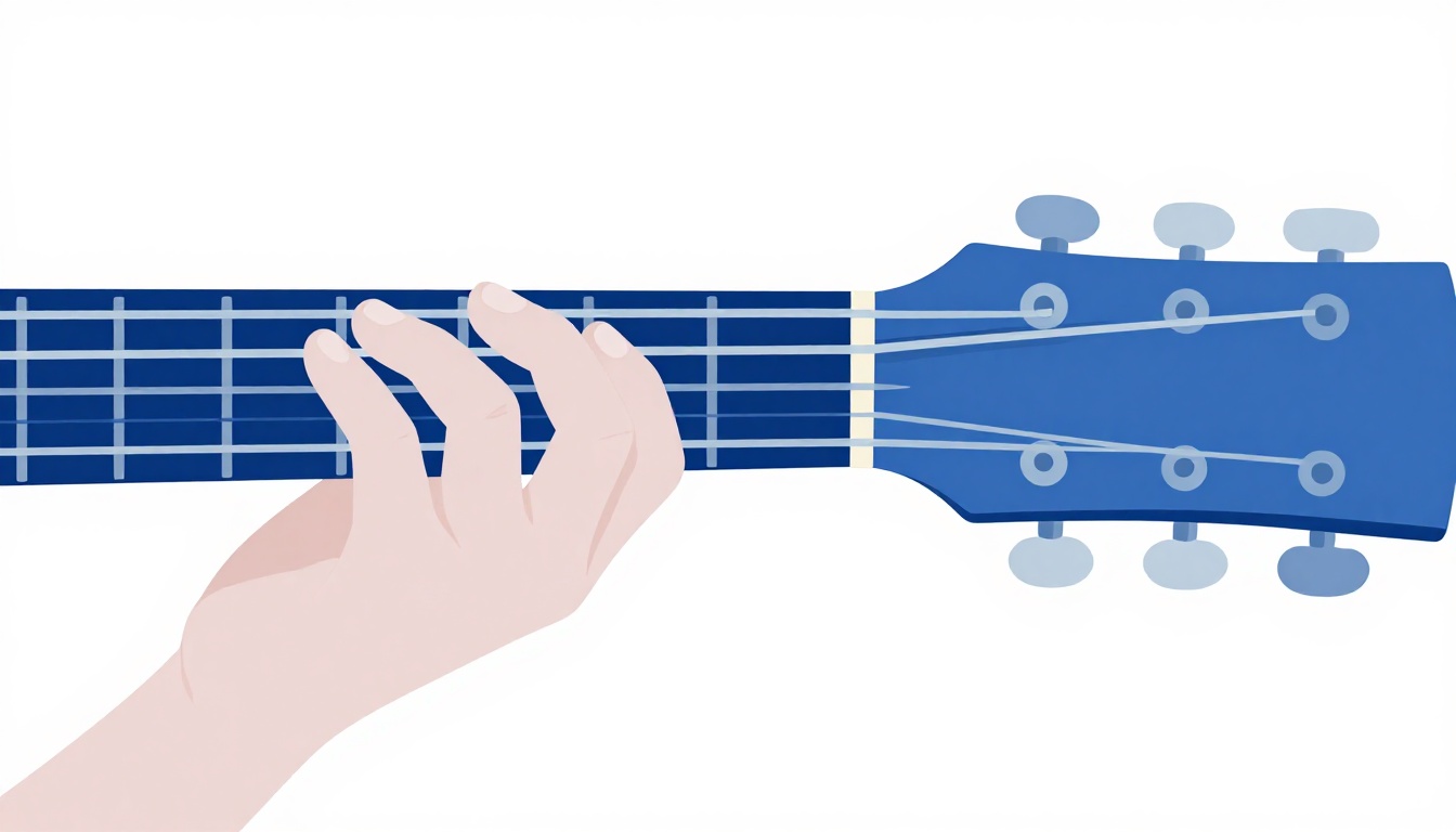 A close-up of a left hand playing a two-finger no-barre version of the G minor chord low on the neck