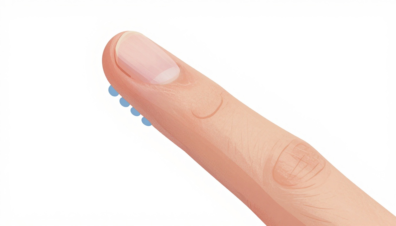 A close-up of a left hand's index finger rolled onto its side to barre a guitar neck evenly
