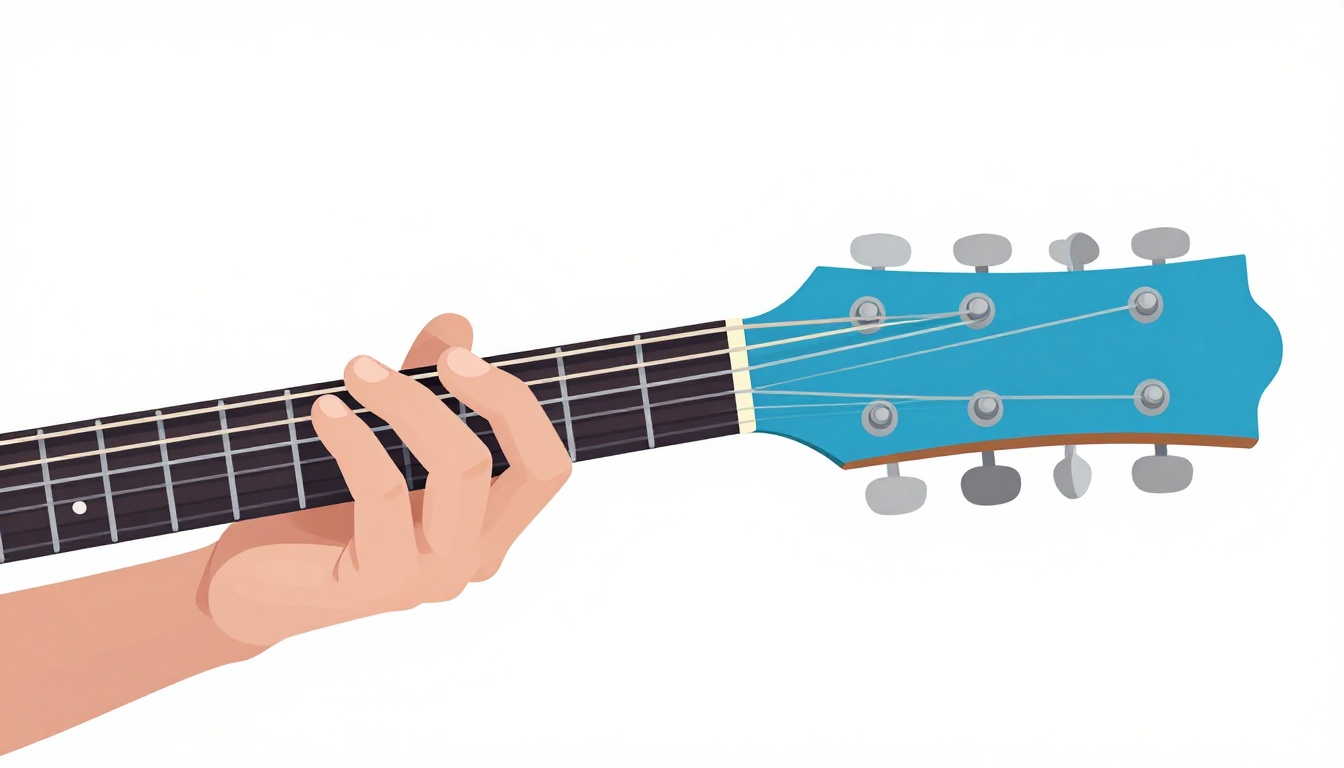 A close-up of a left hand barring a guitar neck high up the fretboard to form an A-shape G minor chord