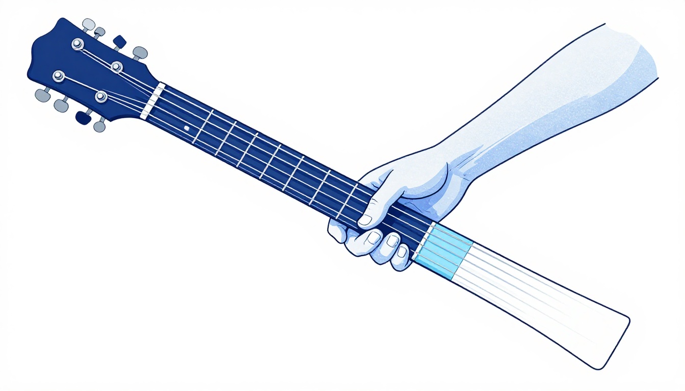 A close-up of a left hand stretching between two different chord shapes on a guitar neck, fingers mid movement