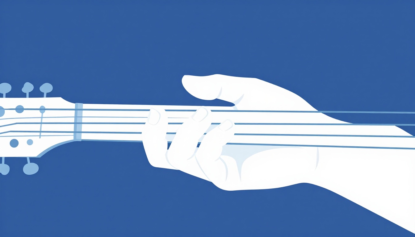 A close-up of a left hand practicing a barre shape alone on a guitar neck without the other fingers added