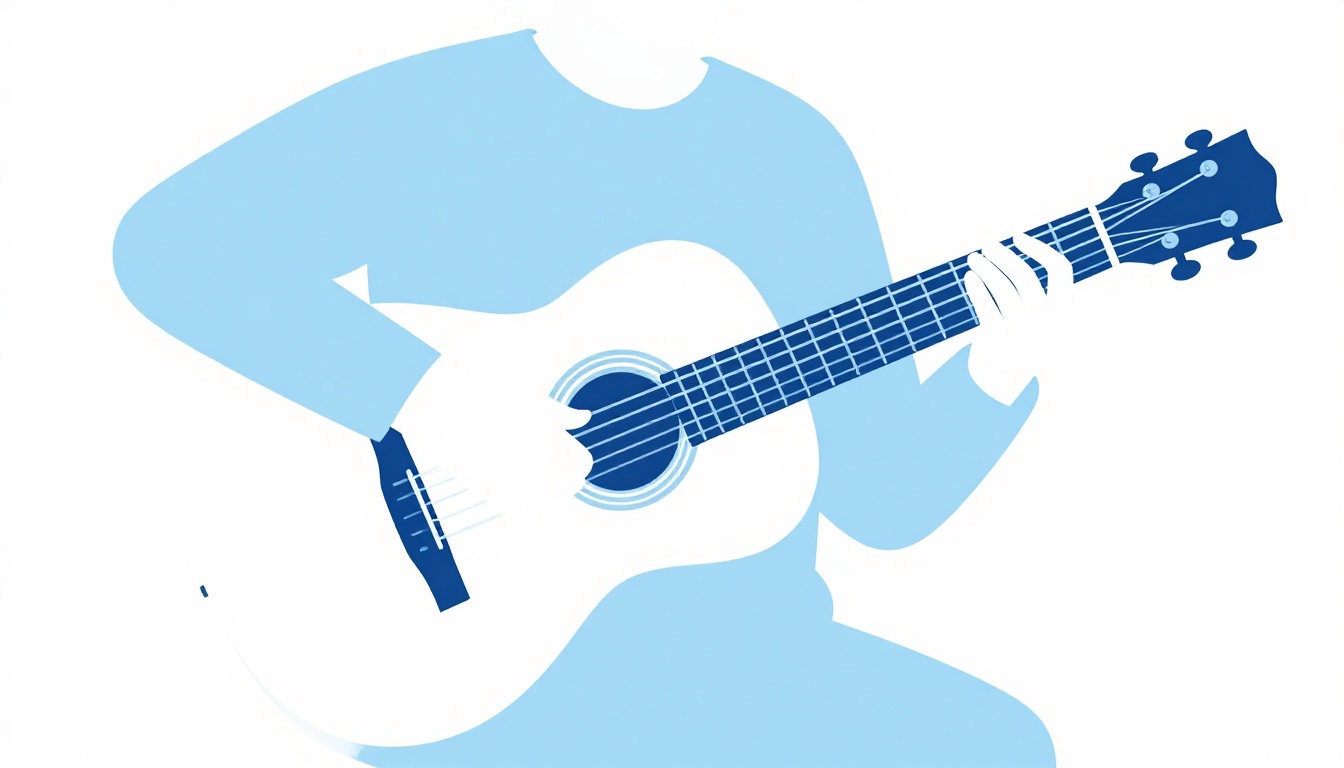 A person sitting and practicing acoustic guitar at home, focused on their fretting hand