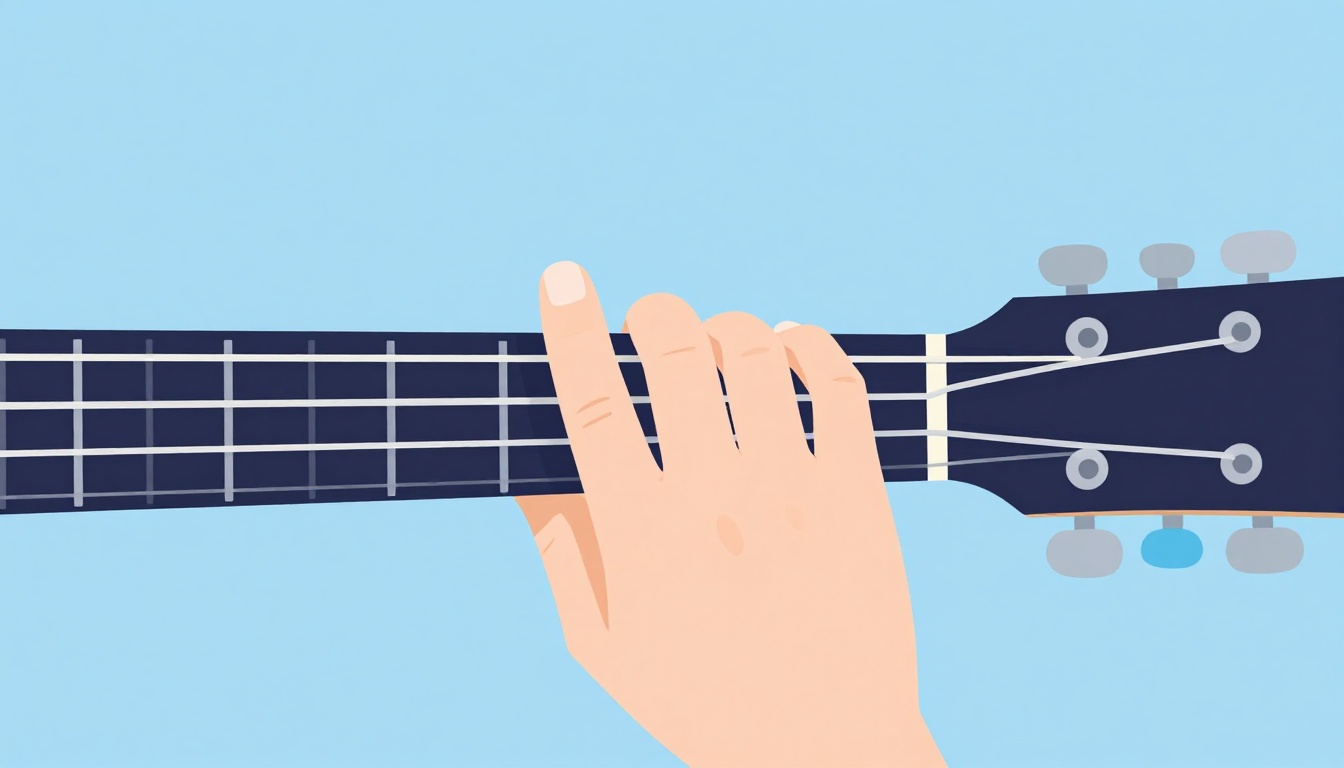 A close up of a left hand forming a full barre chord low on an acoustic guitar neck