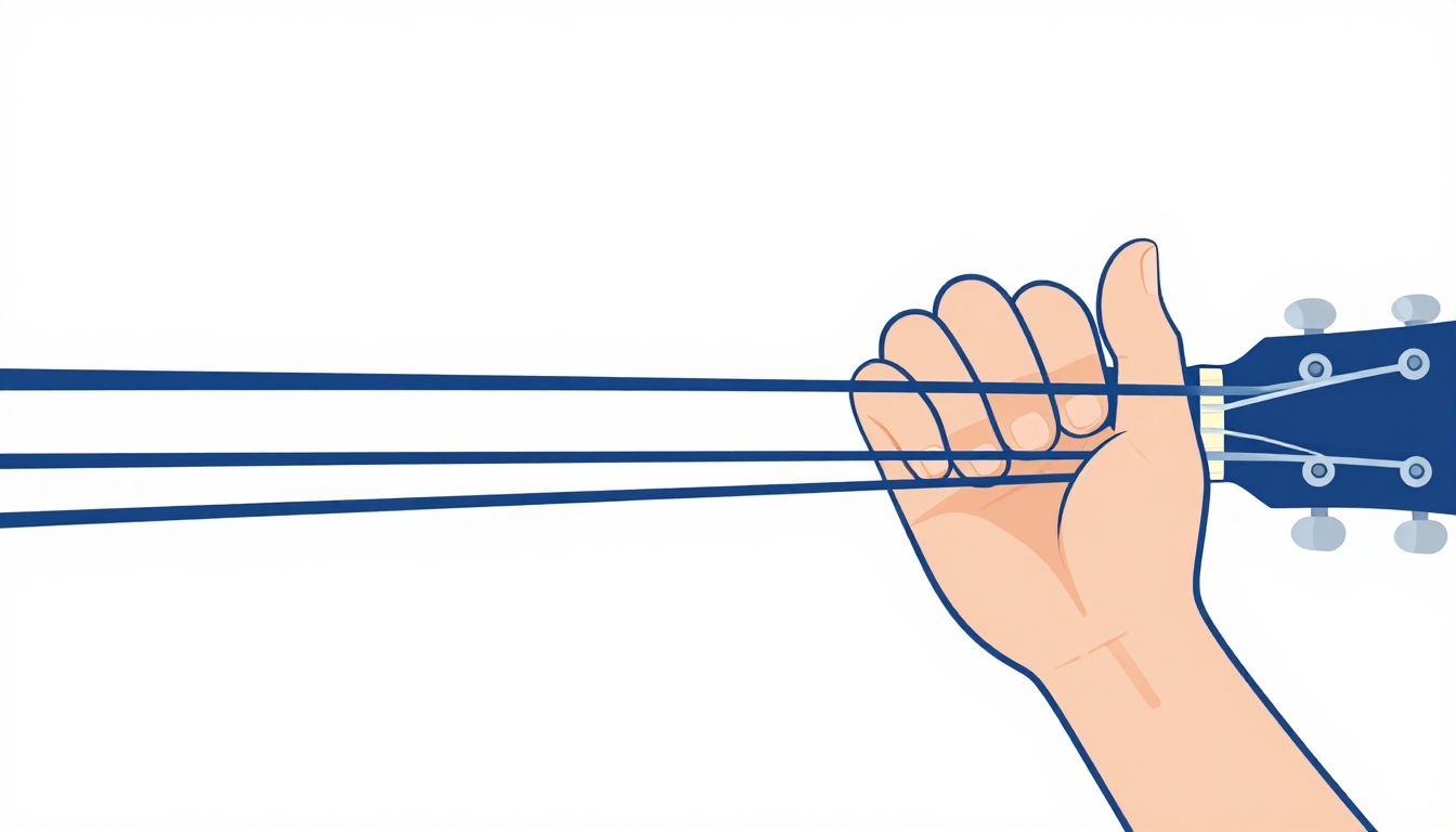 A close up of a left hand pressing only the top four strings of a guitar neck