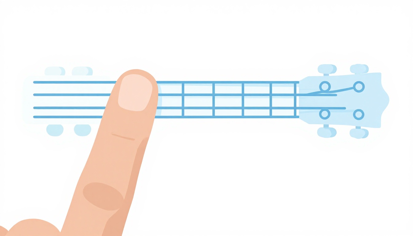 A close up of a left hand index finger barring the top three strings of a guitar neck