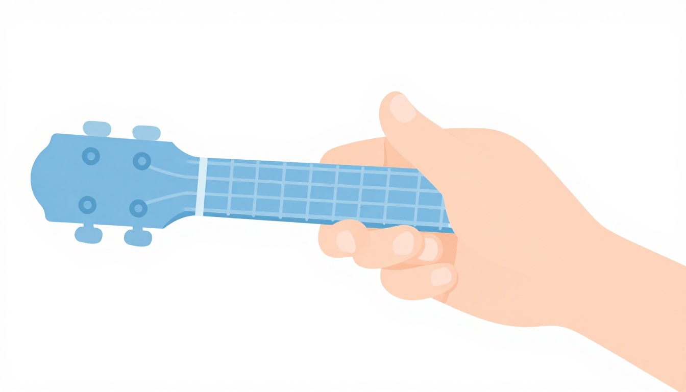 A close up of a left hand forming a barre chord with the pinky finger lifted off the fretboard