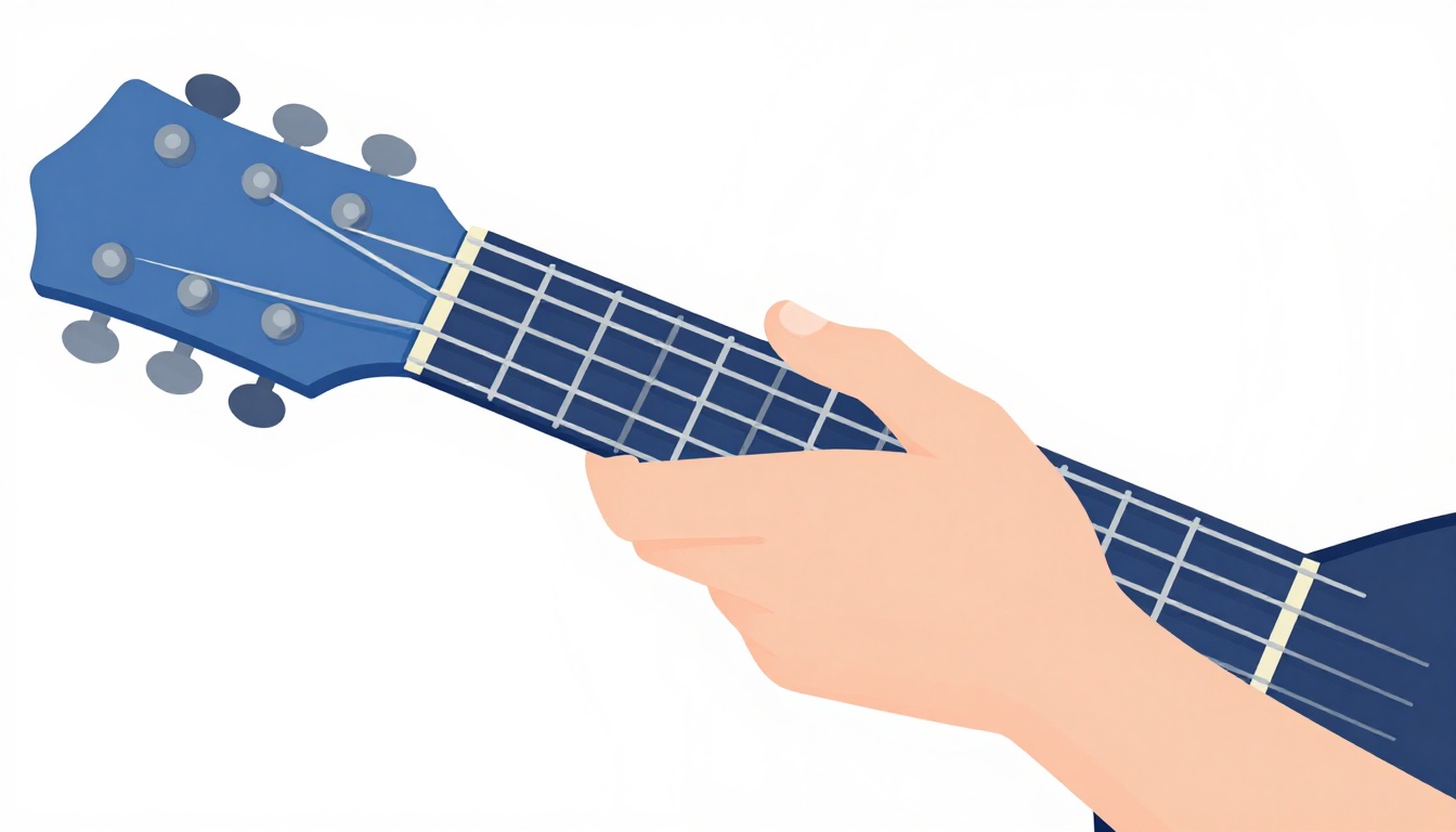 A close up of a left hand pressing a two note power chord low on a guitar neck