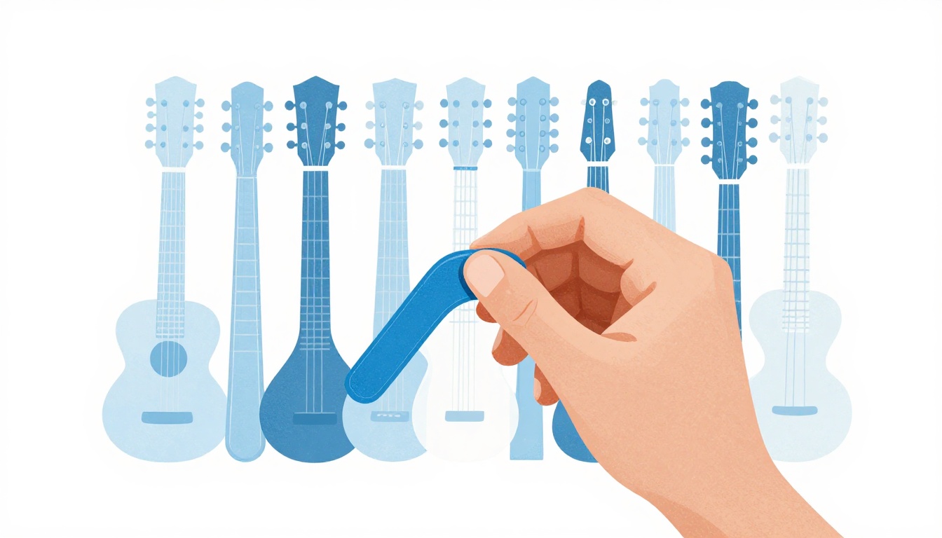 A close-up of a left hand pressing an index finger onto the middle string of an acoustic guitar neck while other strings ring open near the nut