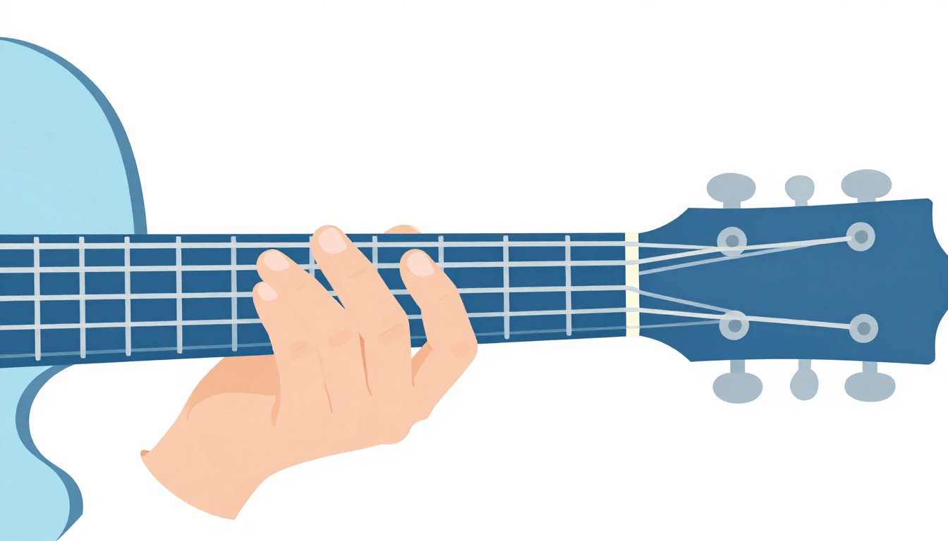 A close up of a left hand forming a full barre chord low on an acoustic guitar neck