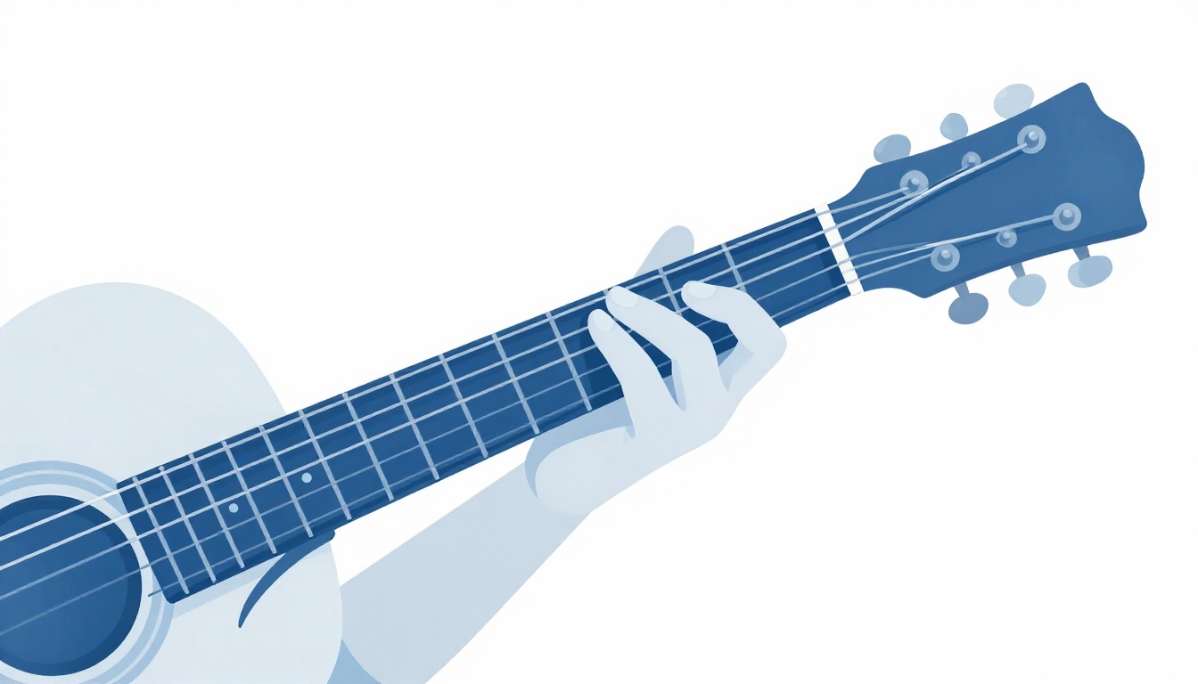 A close up of a left hand pressing only the top four strings of a guitar neck