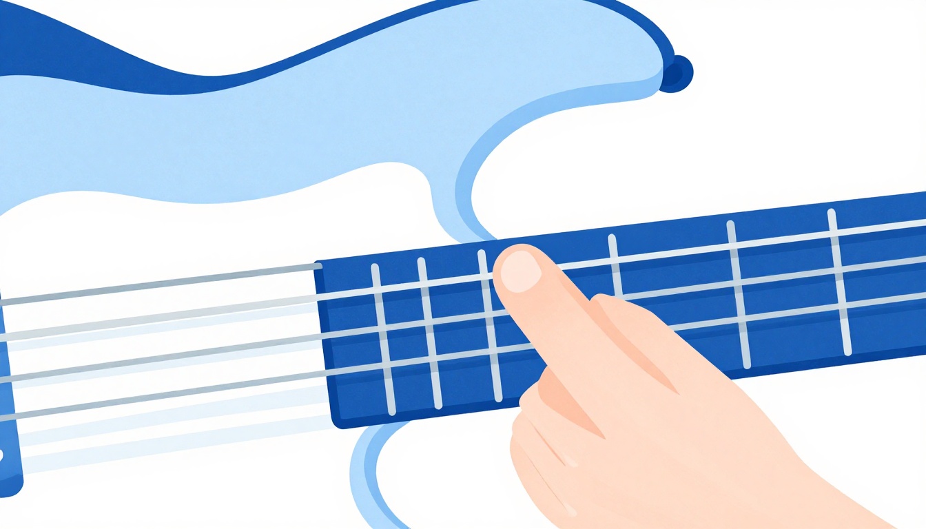 A close-up of a fingertip pressed directly against a fret wire on a guitar neck to avoid buzzing