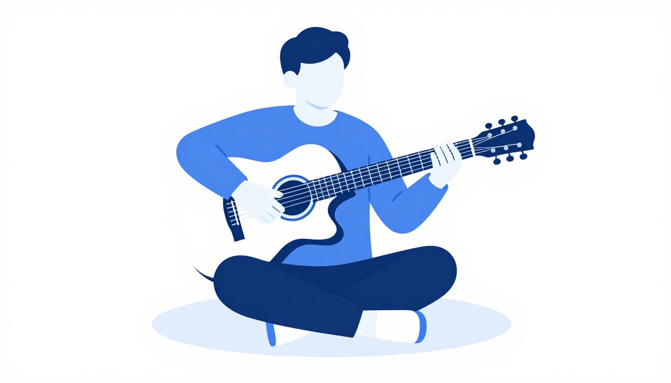 A person sitting cross legged practicing chord changes on an acoustic guitar at a slow steady pace