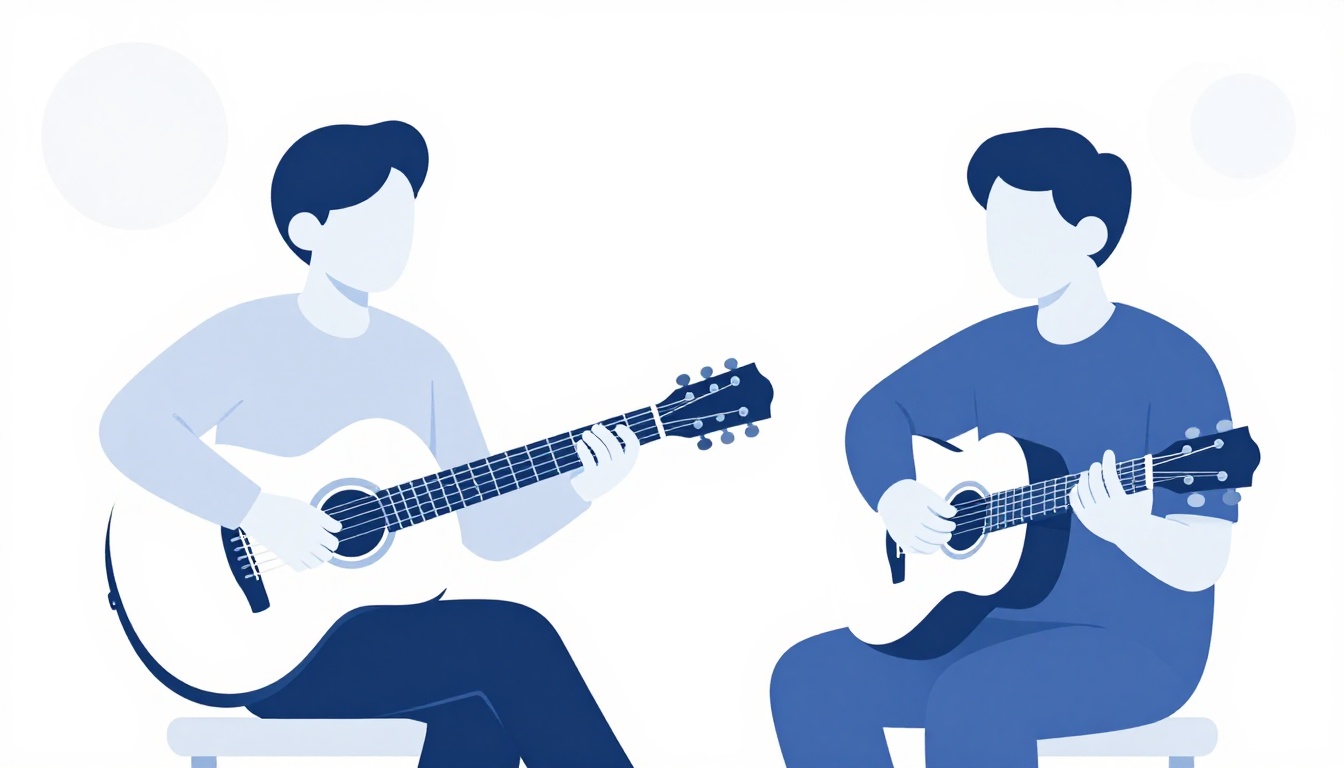 Two guitarists sitting across from each other in a living room, one playing a guitar with a capo clamped onto the neck