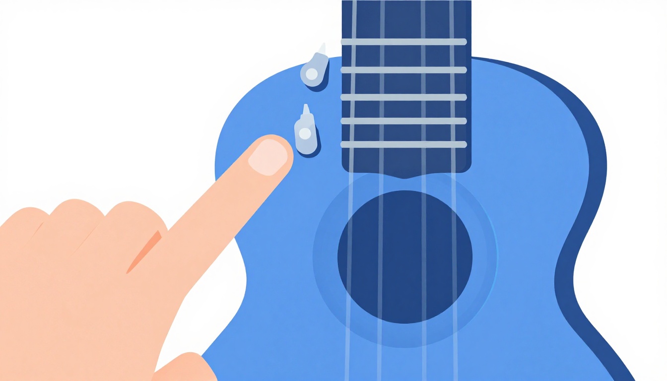 A close up of a hand fingering an open G chord shape with a capo visible clamped a few frets up the neck