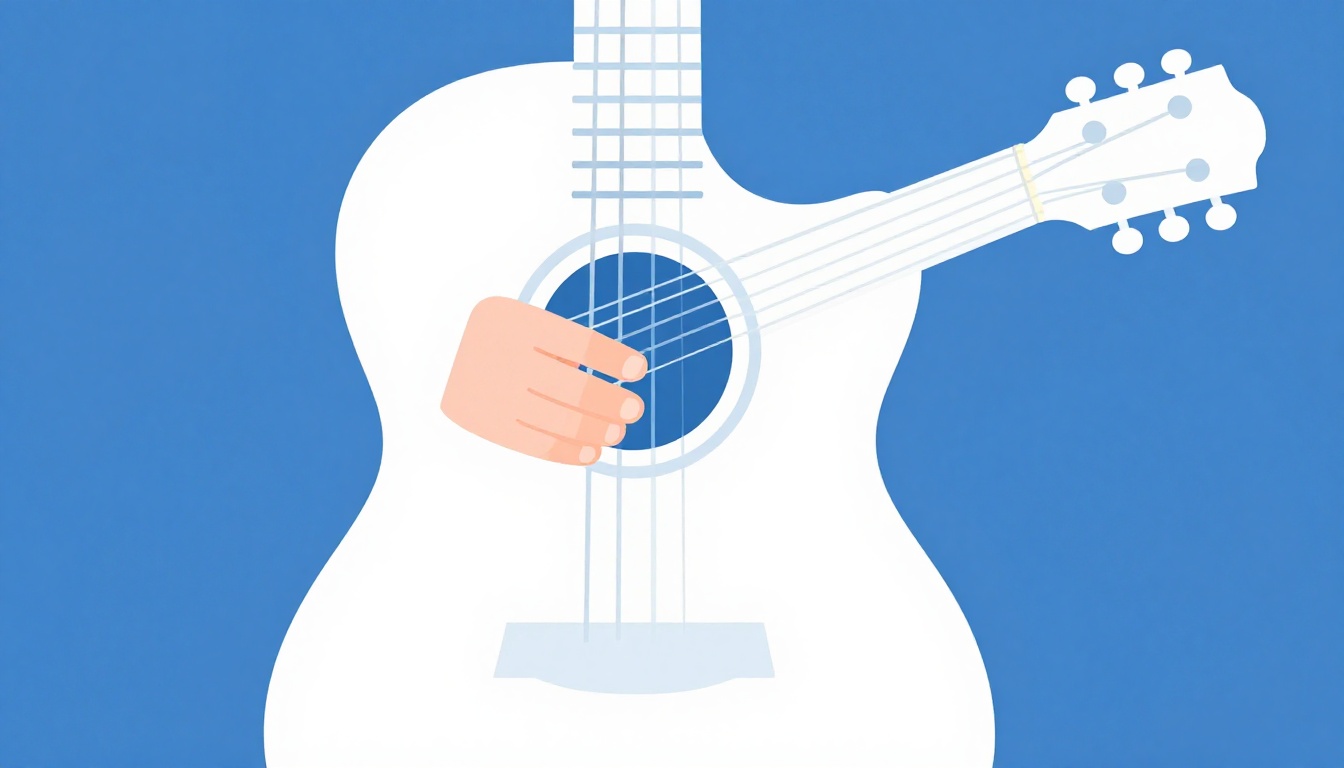 A close-up of a left hand fingering an open Am7 chord on an acoustic guitar neck, two fingers pressed near the headstock