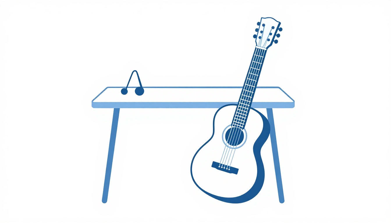 A person practicing guitar at a small table with a metronome placed beside them