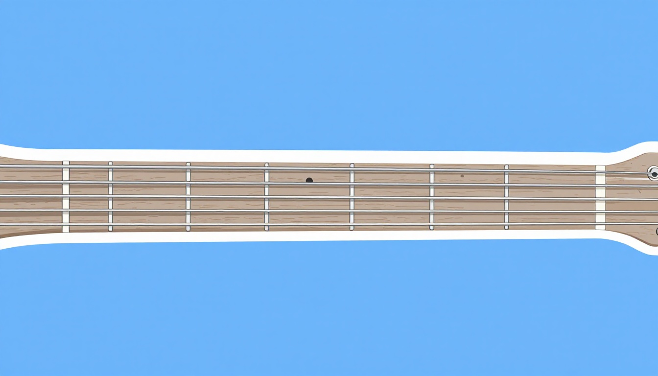 A close-up of a guitar neck showing the metal fret wires and the wood grain of the fretboard