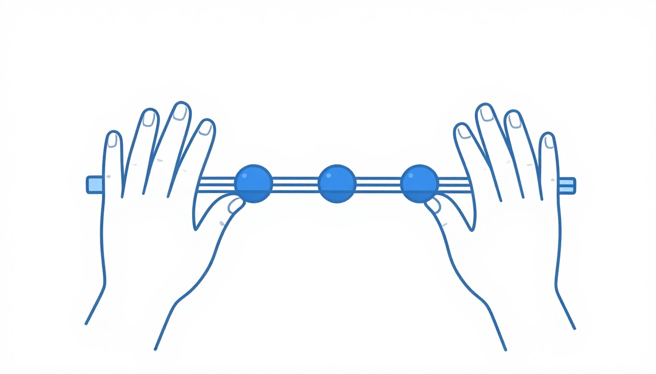 Two hands forming an octave shape across two guitar strings, skipping the string in between
