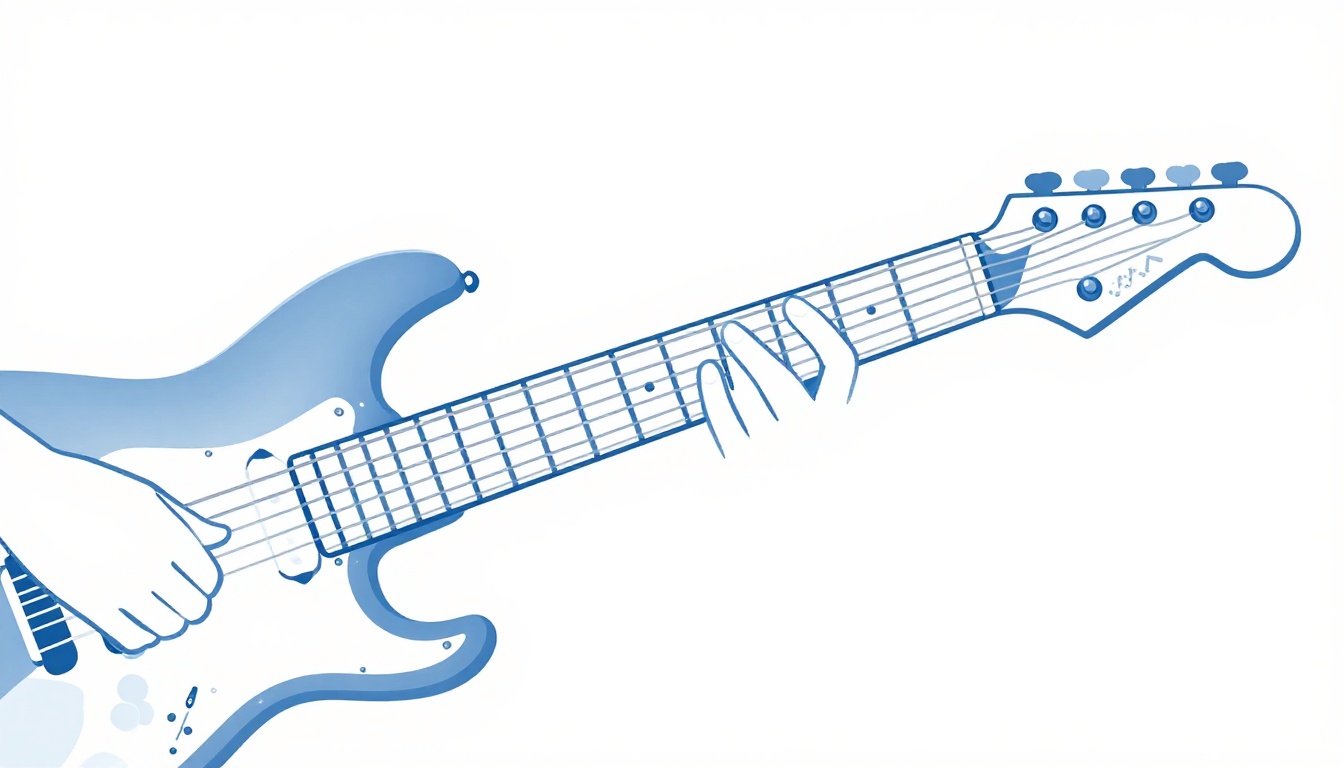 A hand playing a scale pattern across several frets on an electric guitar neck