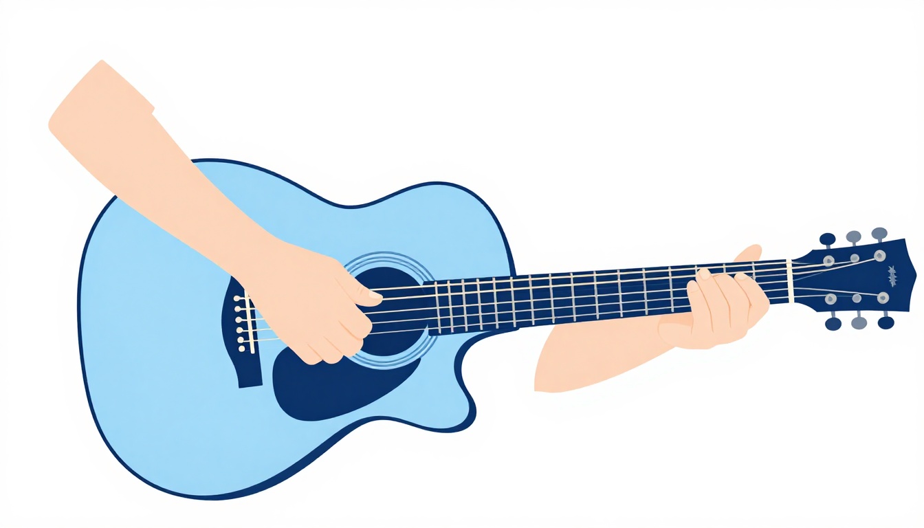 A left hand sliding along an acoustic guitar neck comparing two finger positions at different frets
