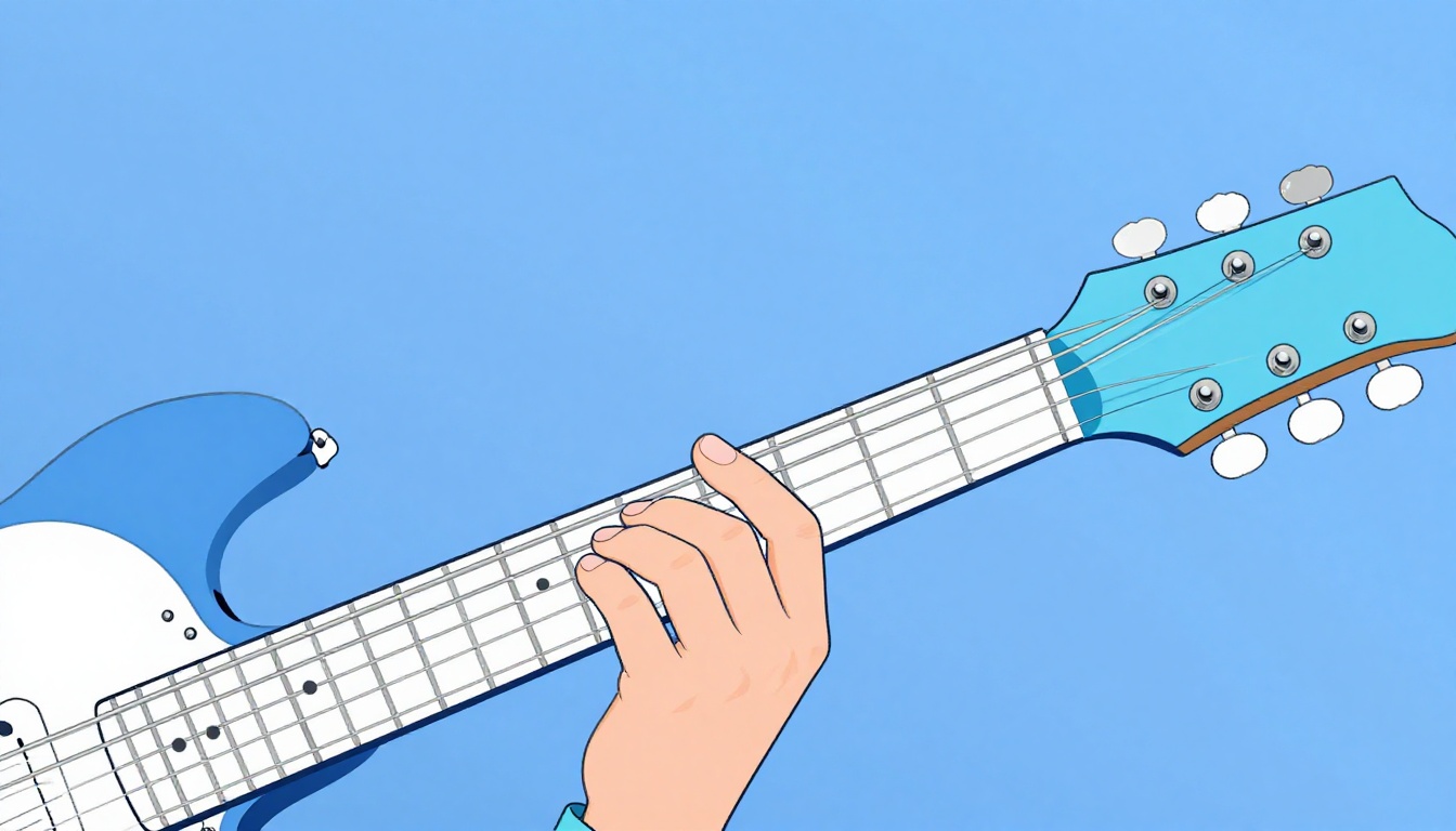 A close-up of a left hand fingering a scale box shape in the middle of an electric guitar neck, index finger anchoring the lowest note