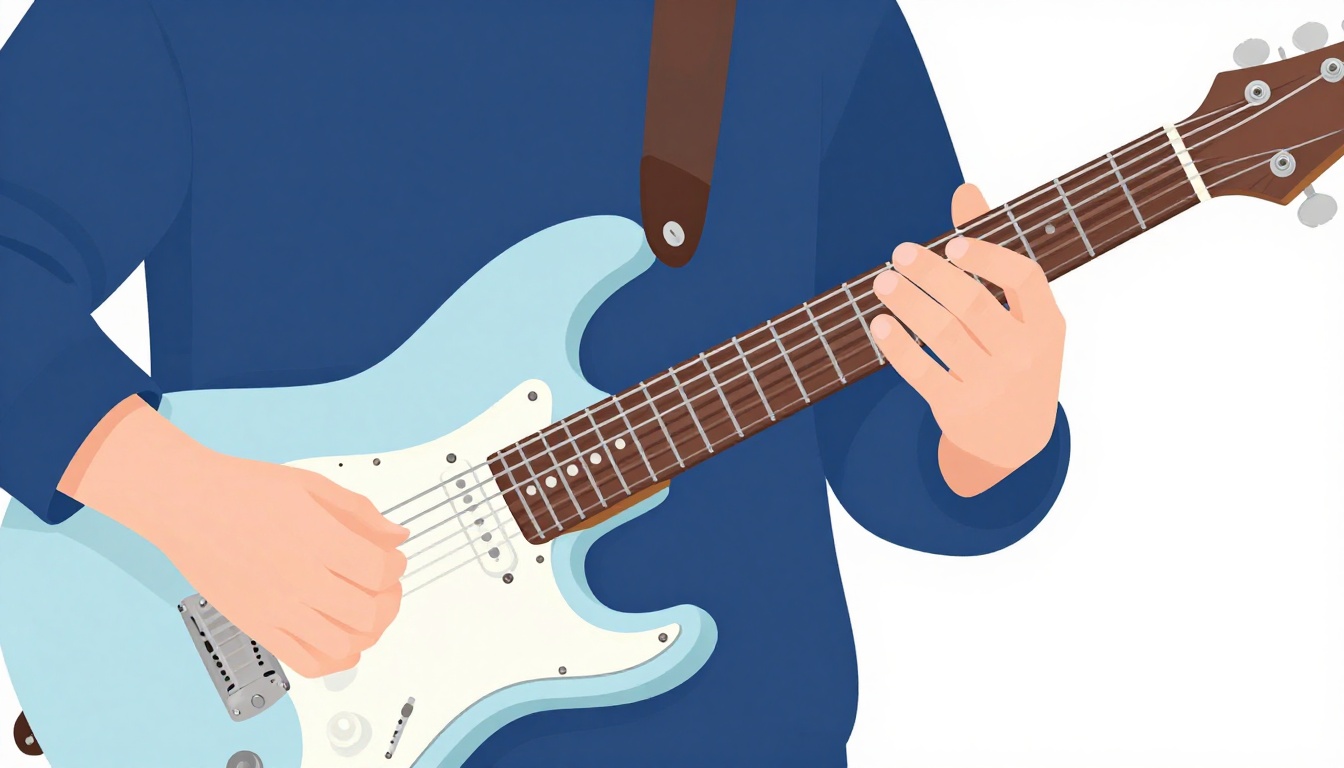 A close-up of a left hand fretting a note on an electric guitar with a finger accidentally leaning against the neighboring string