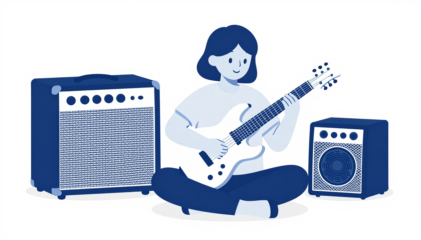 A guitarist playing an electric guitar in a small practice room with an amplifier and a speaker nearby