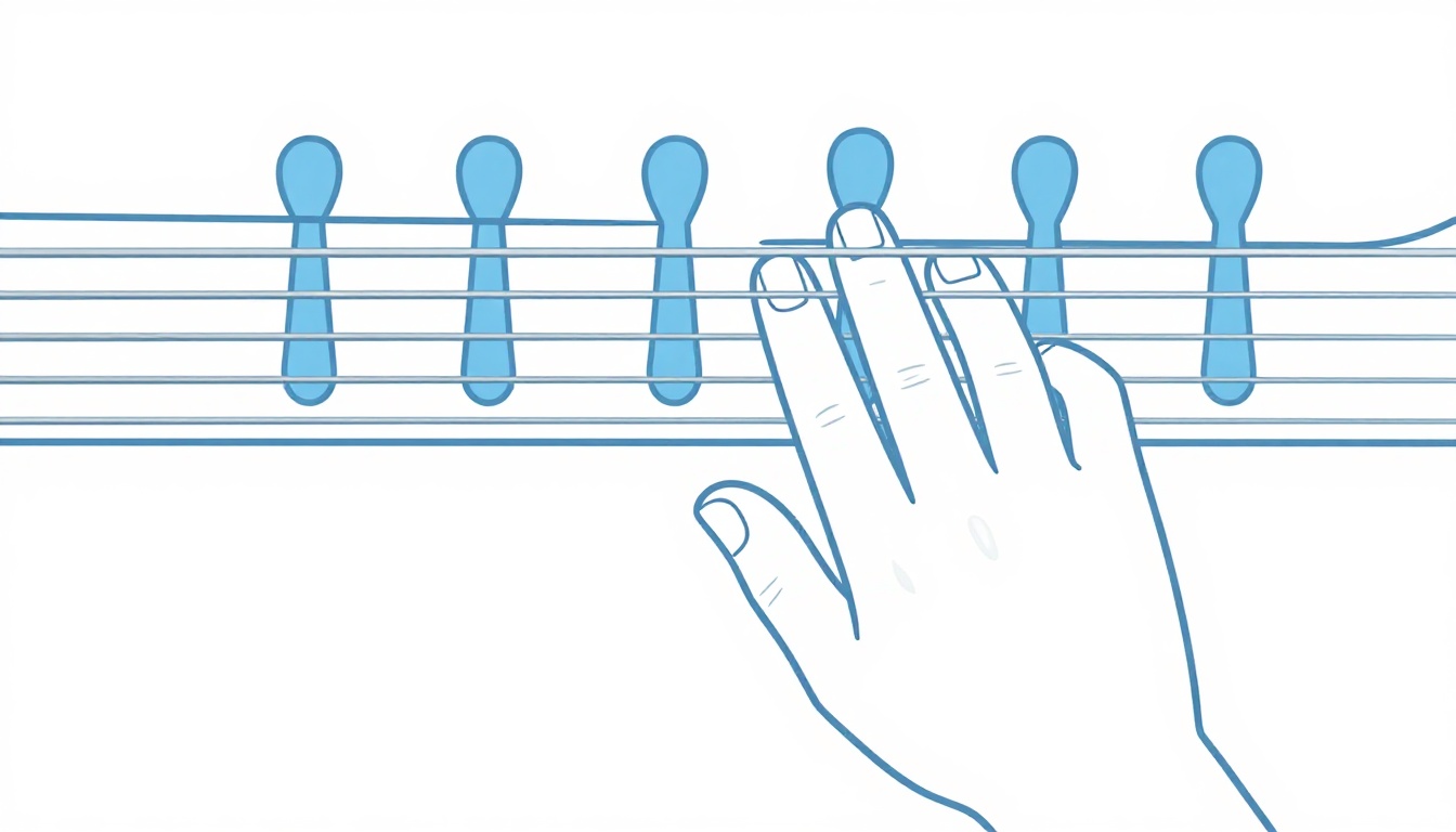 A close up of a left hand pressing a single fret on the high strings of an electric guitar neck with one finger