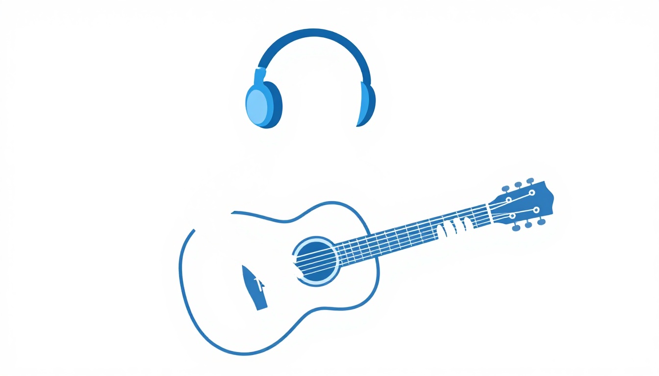 A musician sitting with an acoustic guitar wearing headphones and listening closely