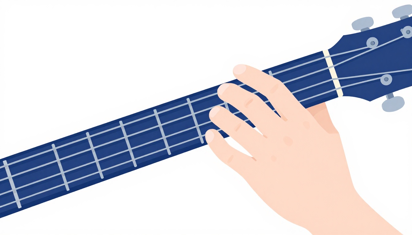 A close up of a fretting hand lightly muting unused strings while playing a single note on a guitar neck