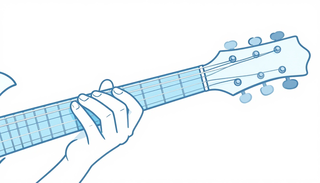 A hand fretting a scale shape around the fifth fret of an electric guitar neck
