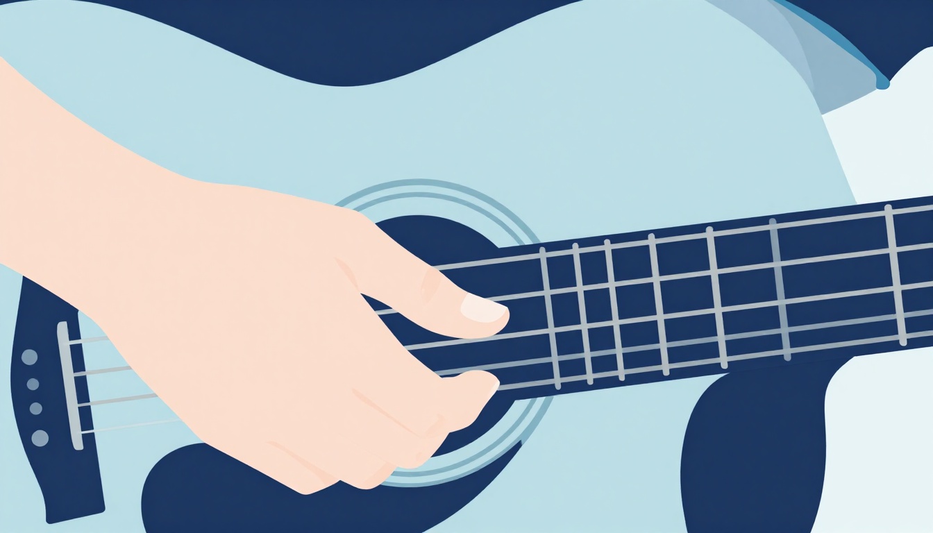 A close up of a left hand fingering a slash chord, one finger reaching down to the bass string while the rest of the hand holds a chord shape higher up the neck