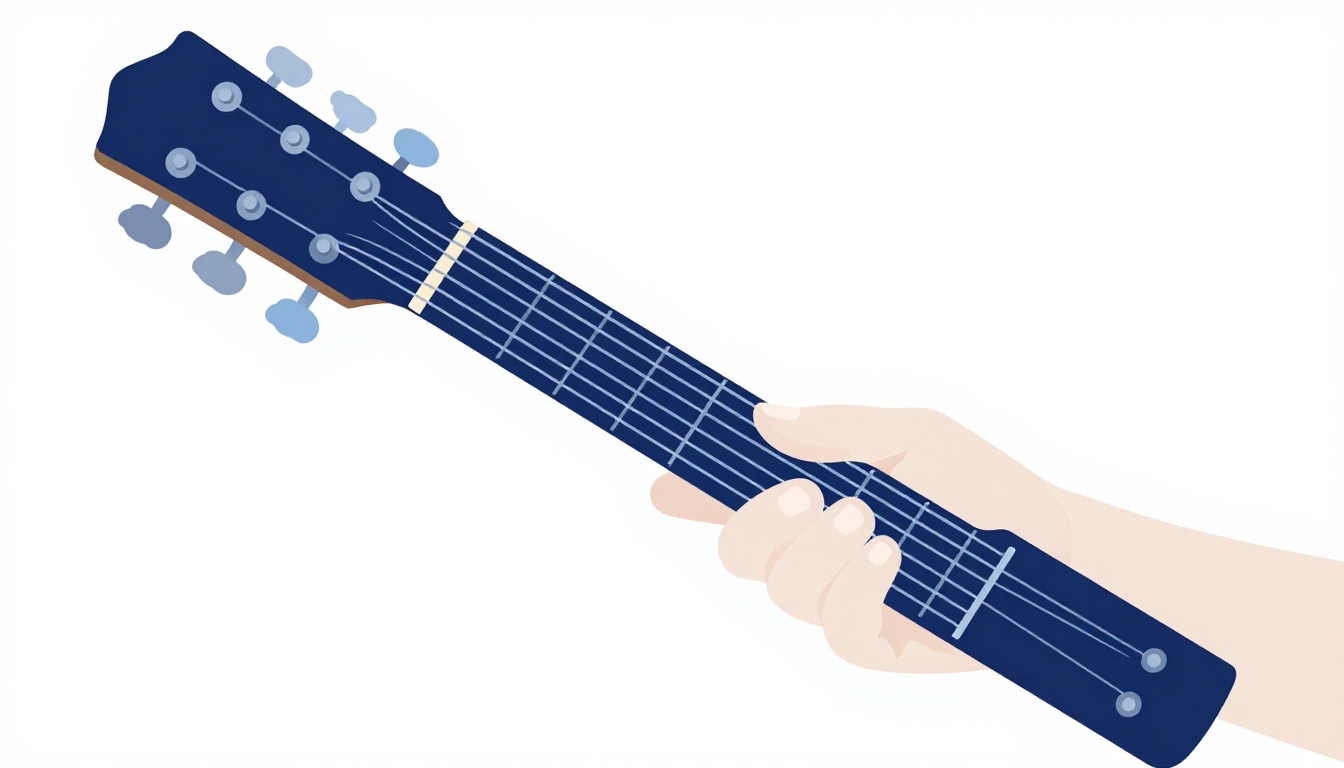 A close up of a capo clamped onto the first fret of an acoustic guitar neck