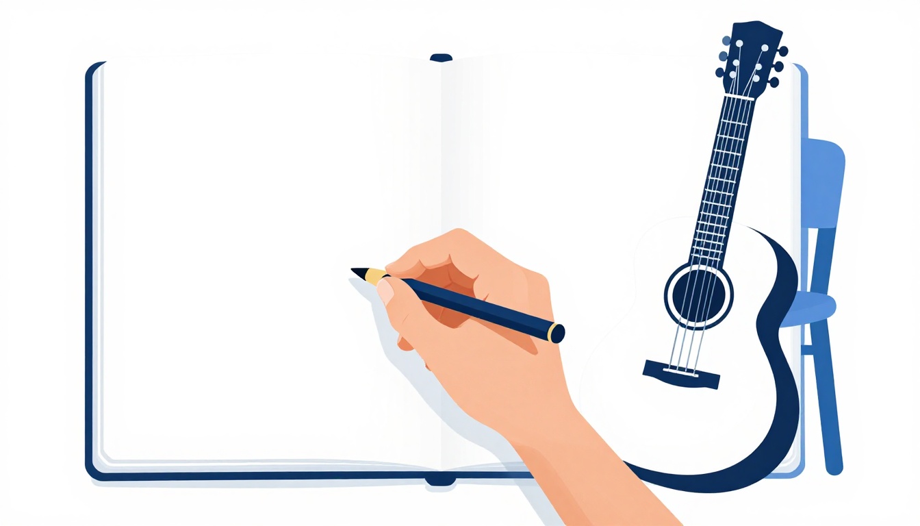 A hand writing in a notebook beside an acoustic guitar resting against a chair