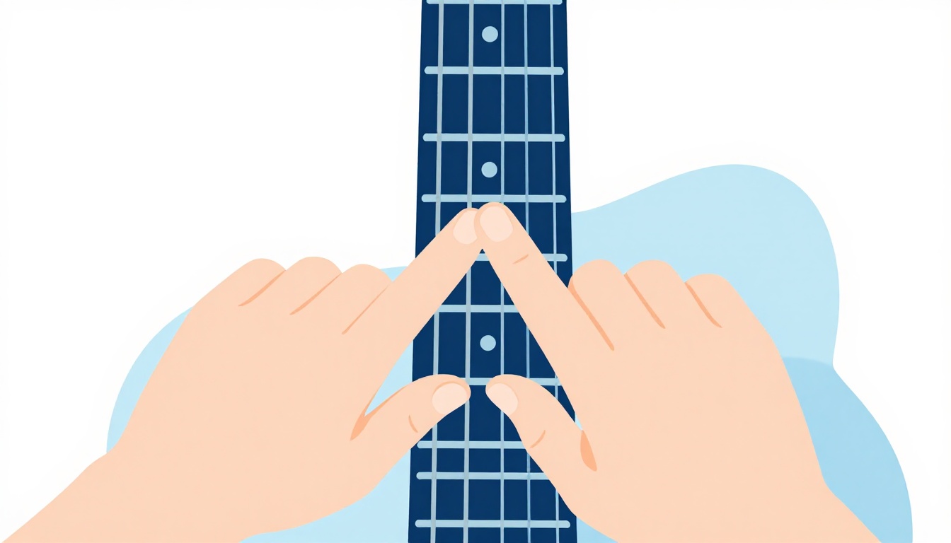 A close up of a left hand barring an F major chord across the first fret of an acoustic guitar neck