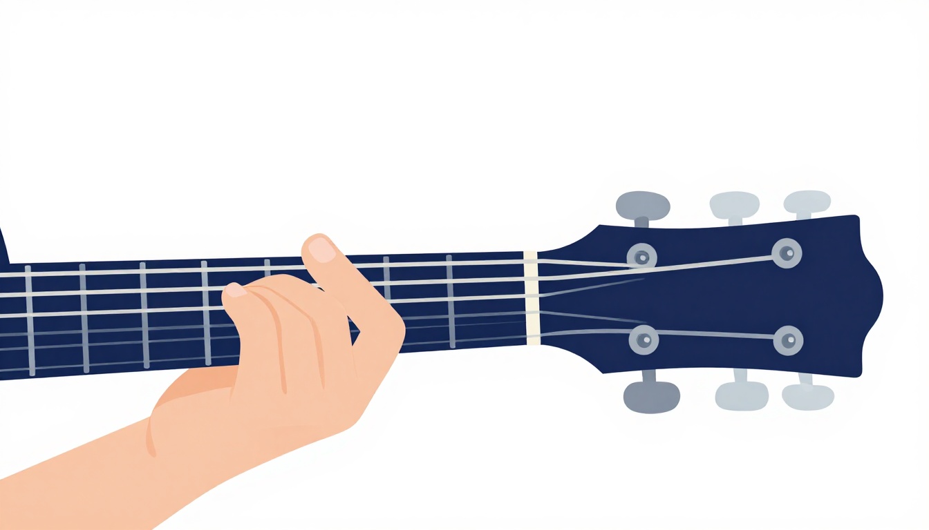 A close up of a left hand forming a Bb barre chord on an acoustic guitar neck, index finger flat across the strings