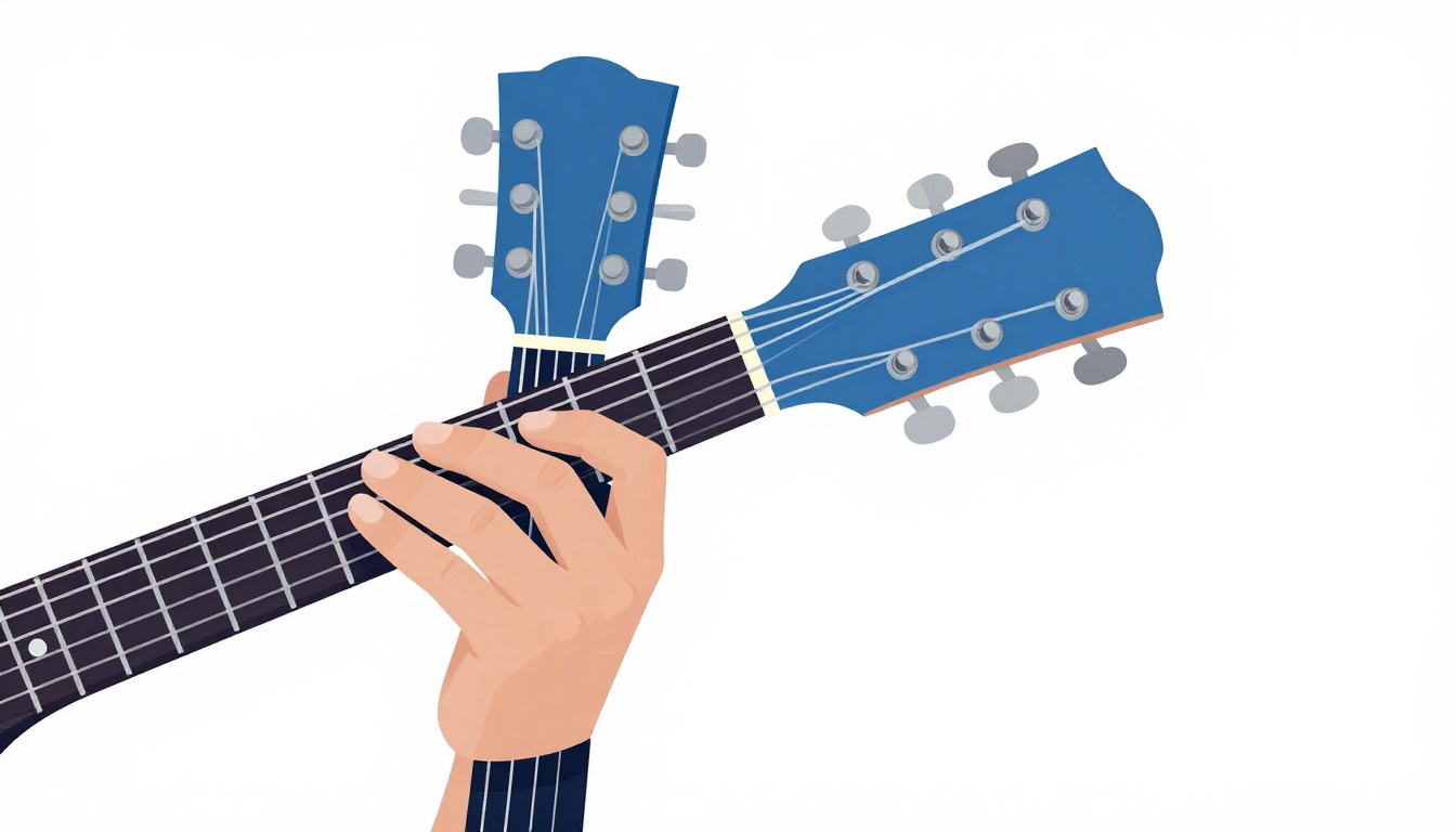 A close up of a left hand barring a chord higher up an acoustic guitar neck