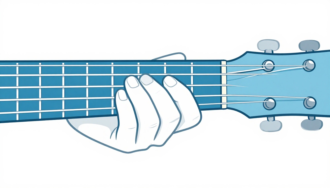 A close up of a left hand fingering an Eb chord on an acoustic guitar neck